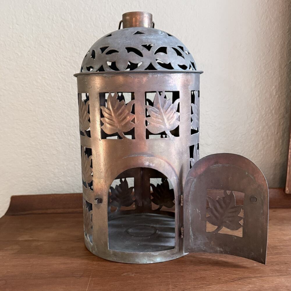Steel Rusted Patina Pillar Candle Holder Tabletop or Hanging Lantern